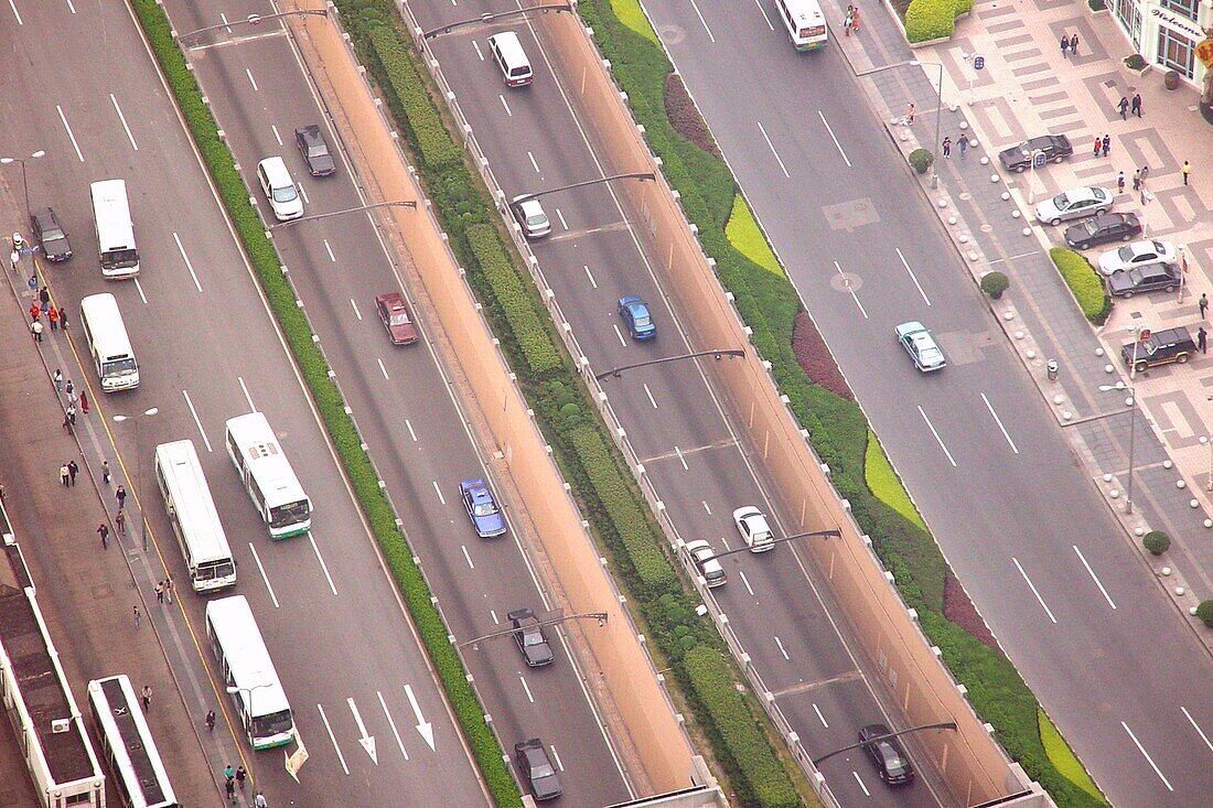 Aerial view of streets at Pudong, Shanghai, China, Asia