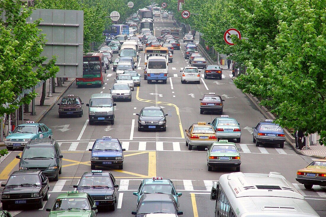 Cars on the street at the rush hour, Shanghai, China, Asia