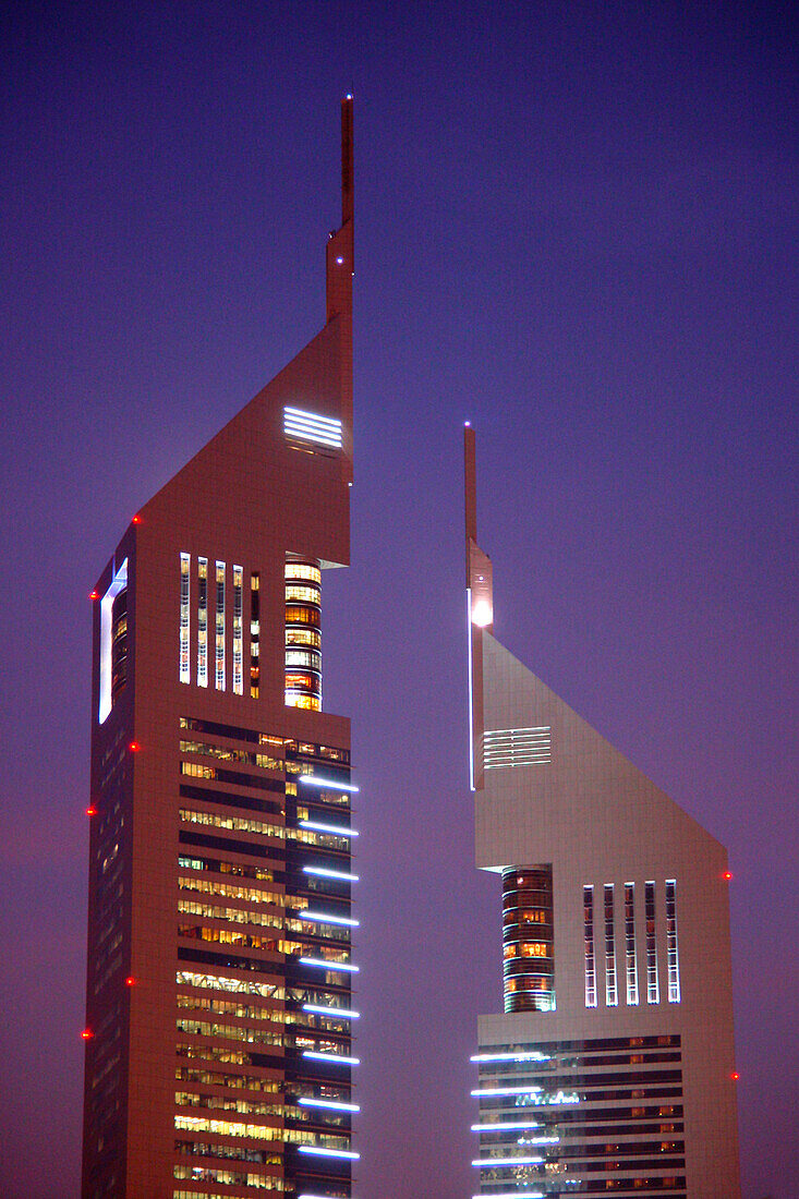 Emirates Towers, modern high rise buildings in the evening, Dubai, UAE, United Arab Emirates, Middle East, Asia
