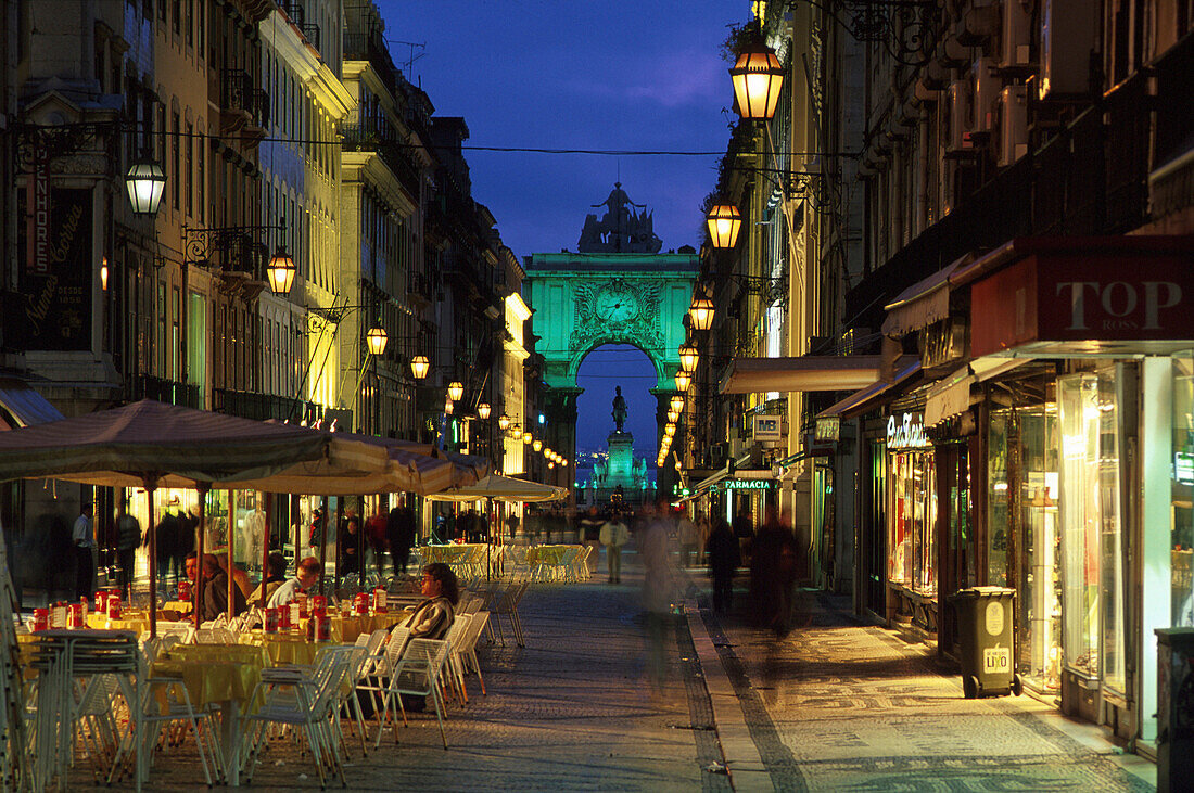 Rua Augusta and triumphal arc at Praca do Comercio at night, Baixa, Lisbon, Portugal, Europe