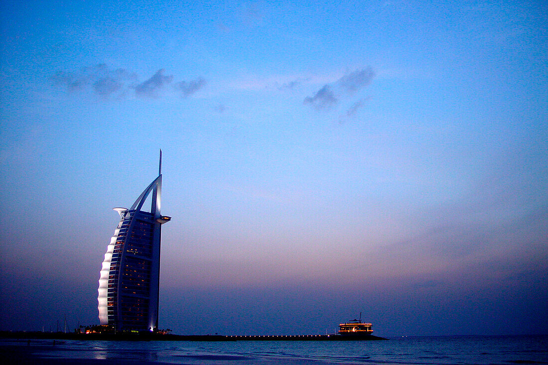 Burj al Arab hotel at dusk, Dubai, UAE, United Arab Emirates, Middle East, Asia