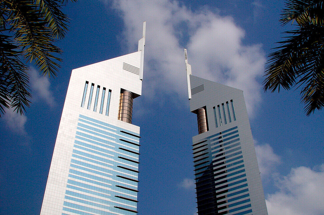 Emirates Towers under clouded sky, Dubai, UAE, United Arab Emirates, Middle East, Asia