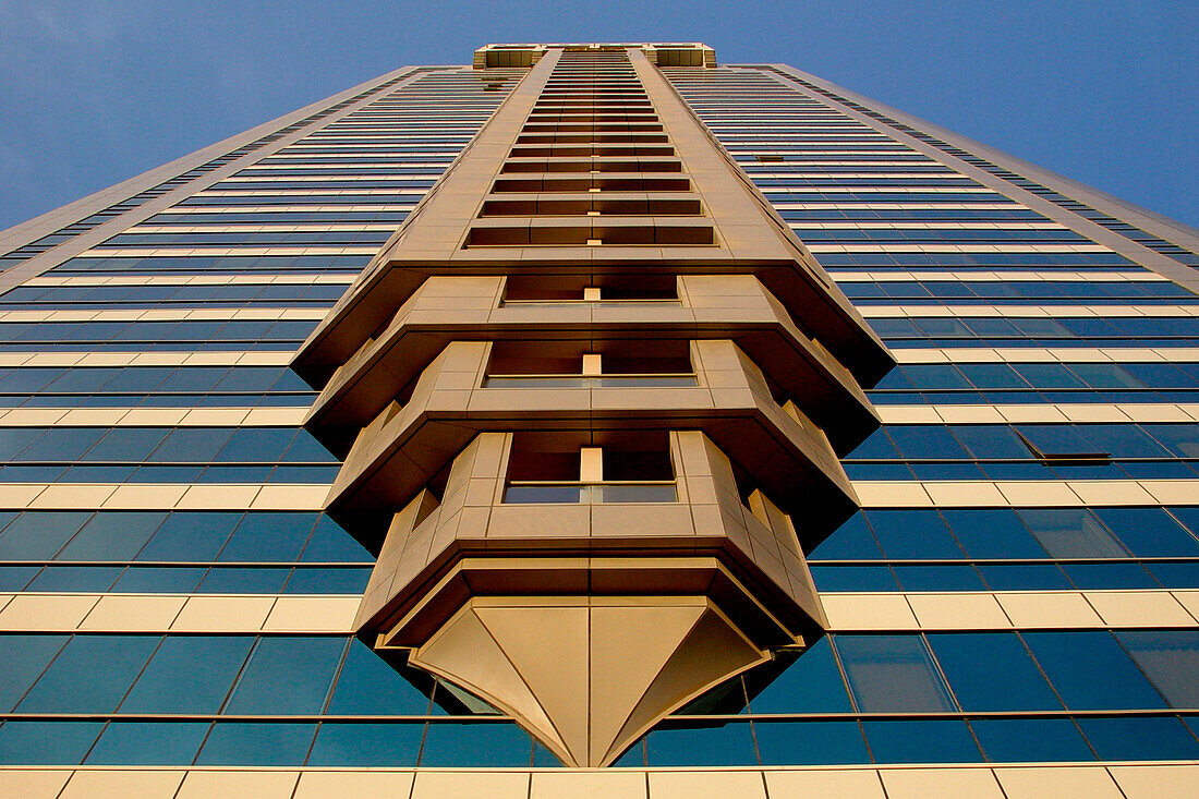 Low angle view at modern high rise building, Dubai, UAE, United Arab Emirates, Middle East, Asia