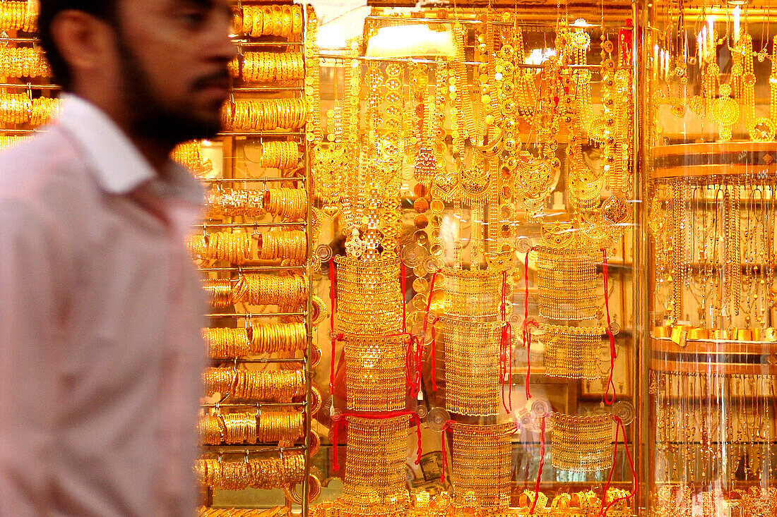 Arab and golden jewellery at a souk at Deira, Dubai, UAE, United Arab Emirates, Middle East, Asia