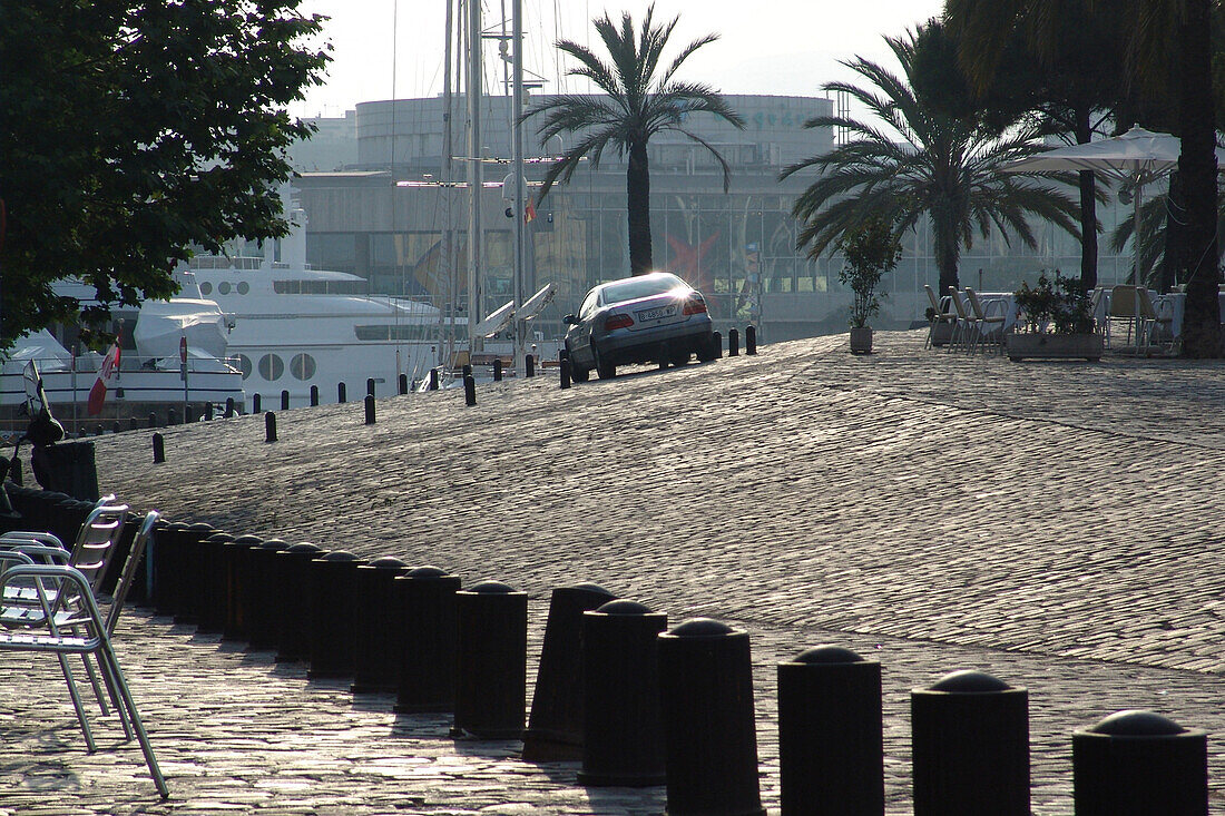 Car at Barceloneta harbour, Barcelona, Spain, Europe