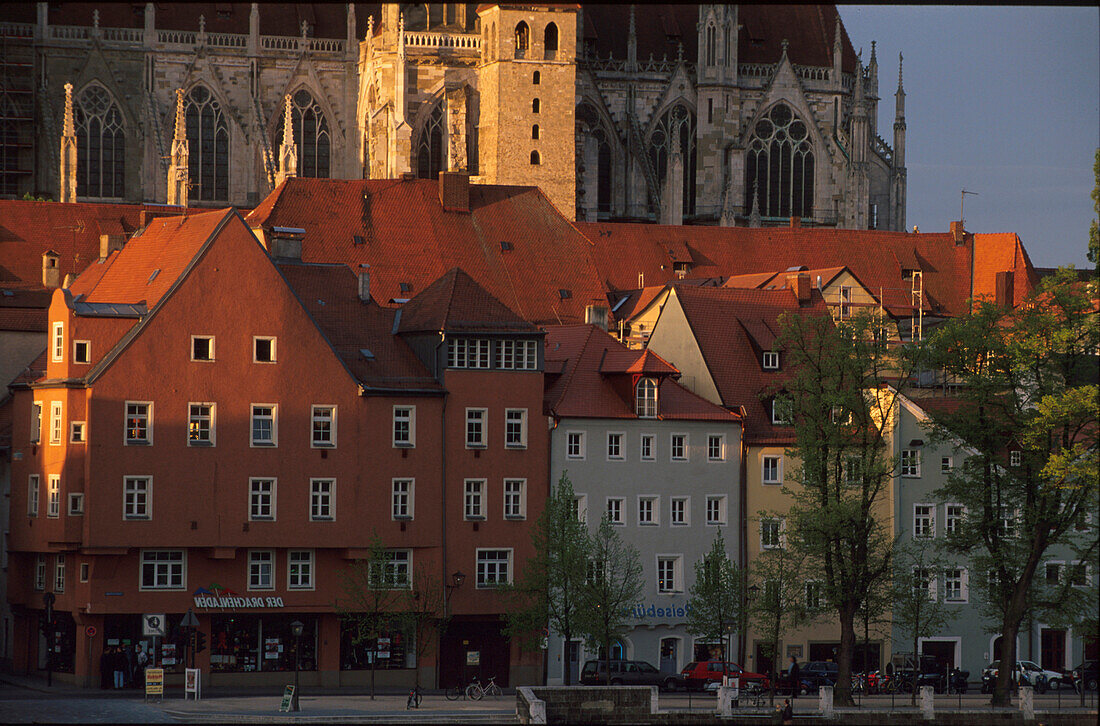 Häuser am Donauufer, Dom, Regensburg, Bayern, Deutschland, Europa