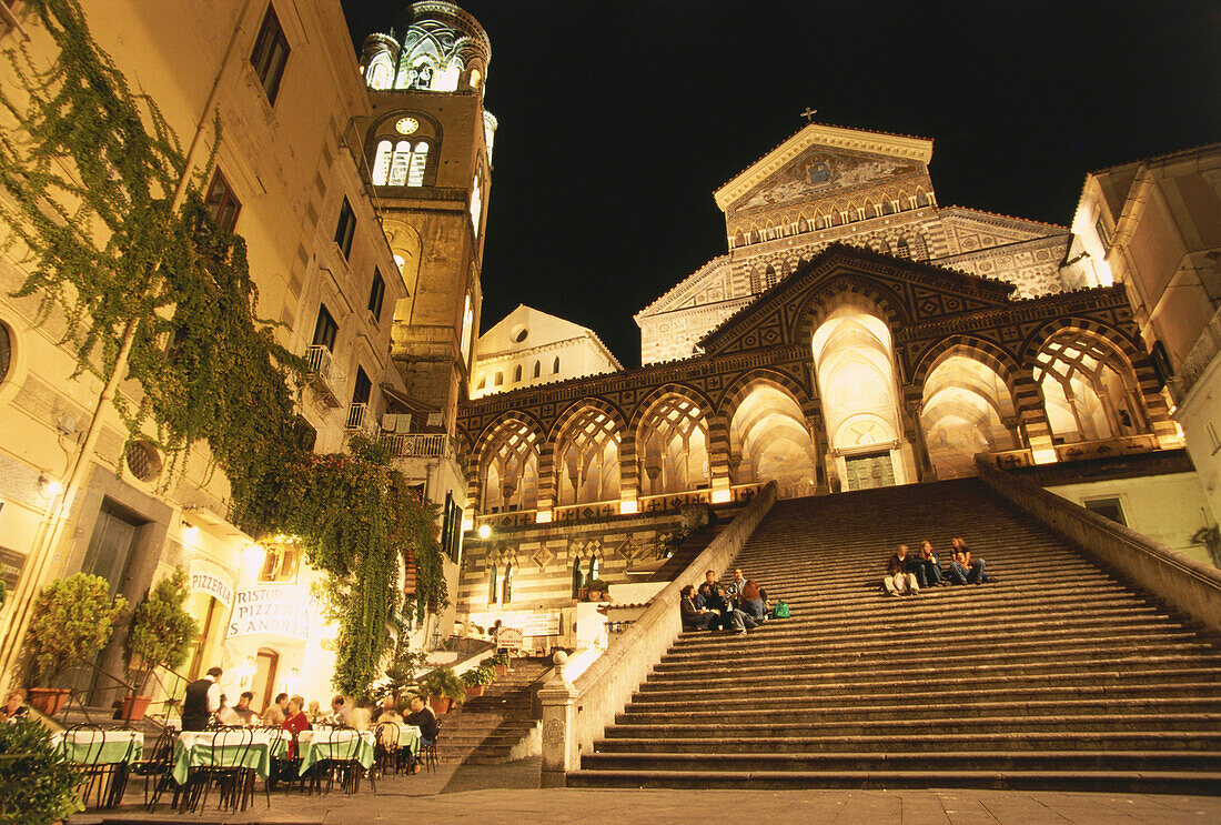 Piazza Duomo and Cathedral of S Andrea at night, Town square and Cathedral of Amalfi, Amalfi, Campania, Italy