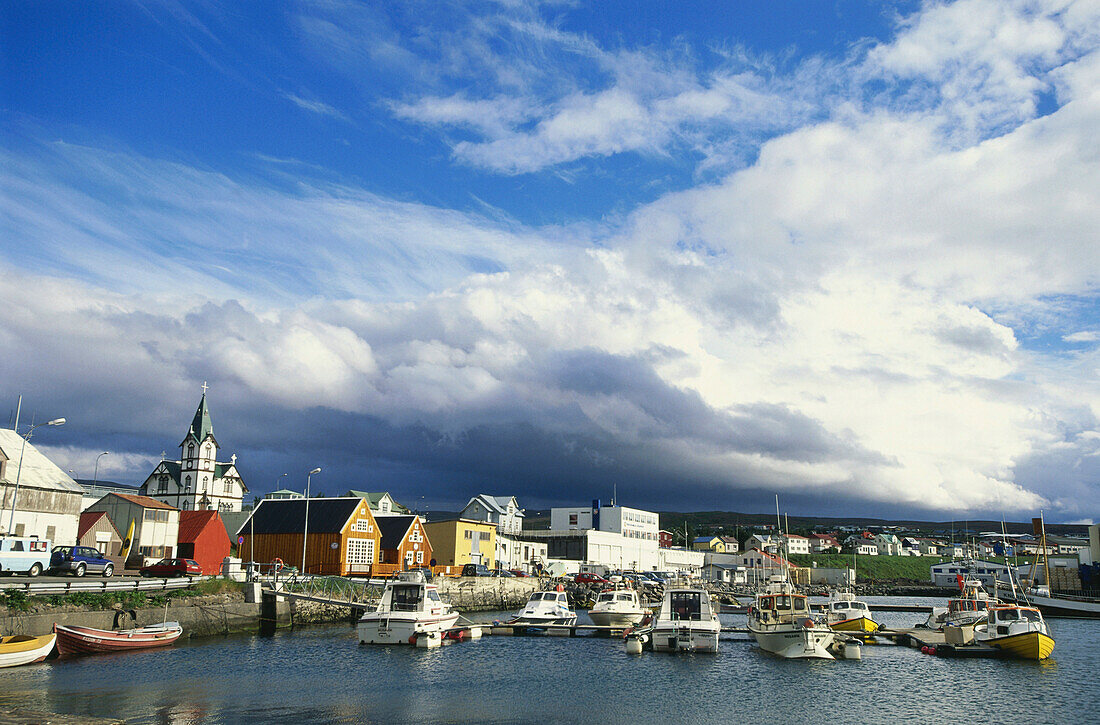 Harbour and village of Husavik, North coast of Island, Island