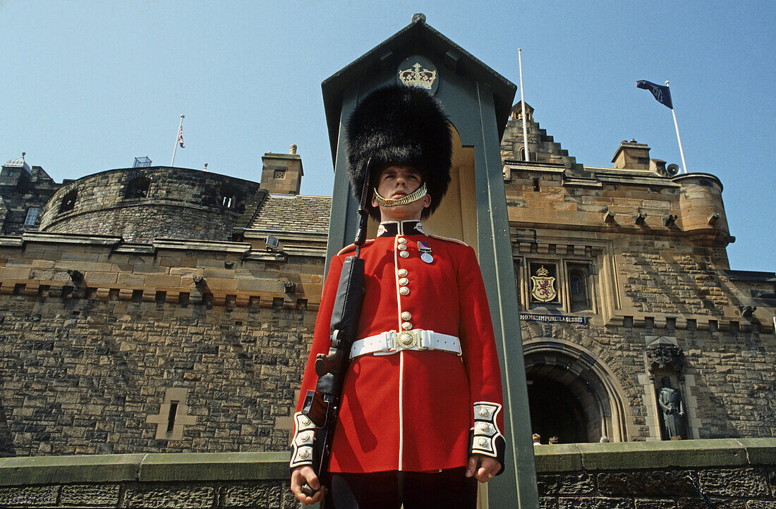 Sentry of the Scots Guards outside Edinburgh Castle, Scotland
