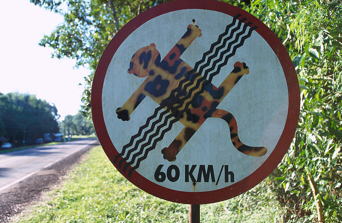 Beware of animals, humorous traffic sign, warning sign, Iguassu National Park, Brazil, South America