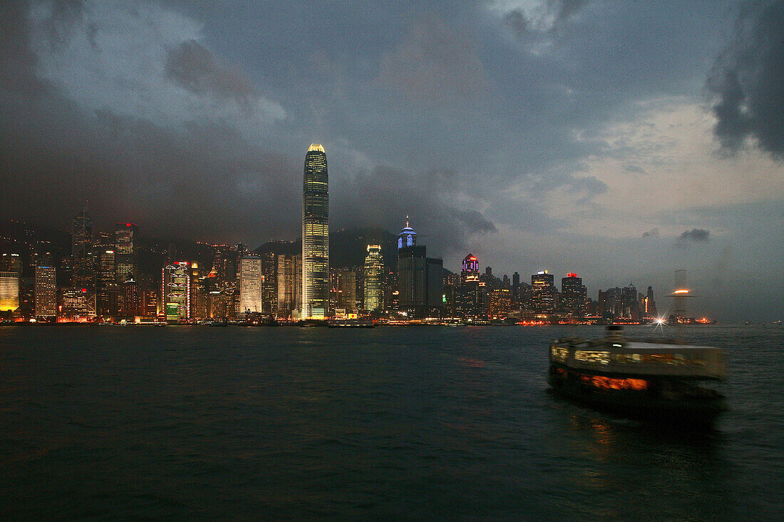 Night view of Victoria Harbour, Star Ferry, Skyline of Hong Kong Island Hongkong, China