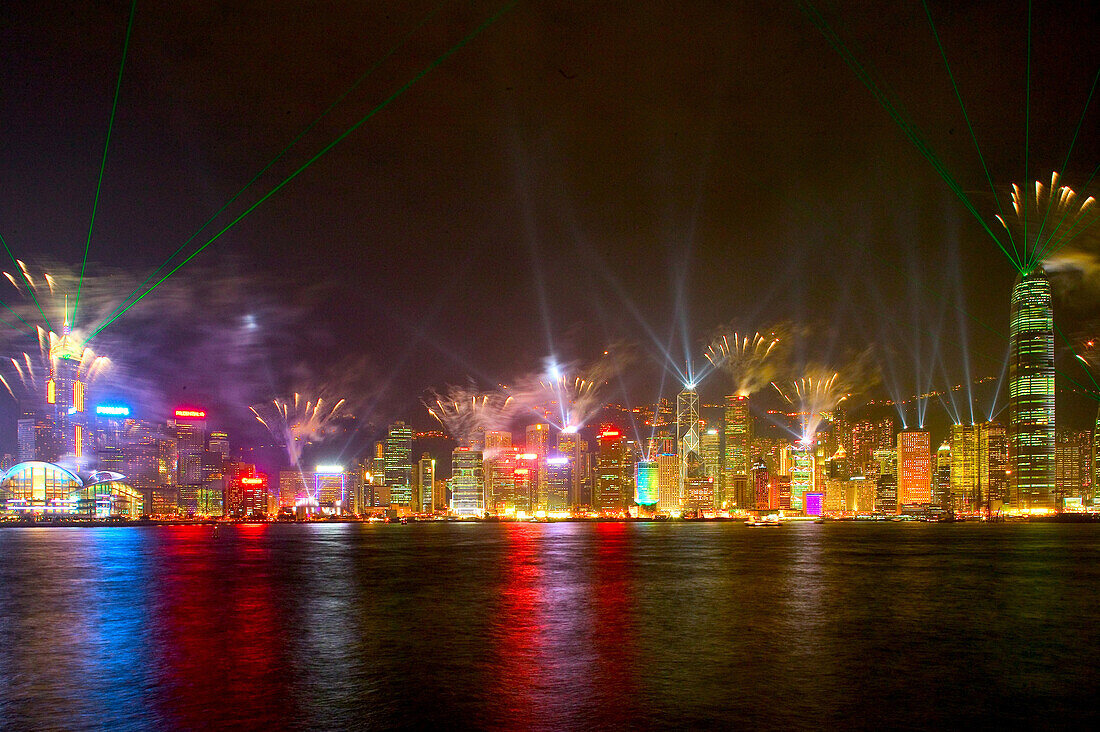 Fireworks over Victoria Harbour, Skyline of Hong Kong Island Hongkong, China