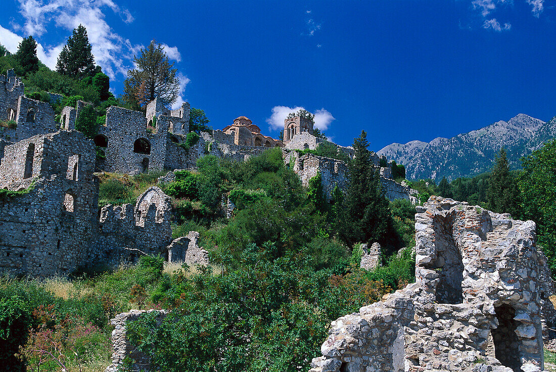 Byzantine fortified city, Mystras, Taygetos mountains, Laconia, Peloponnese, Greece