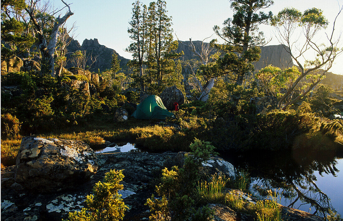 Zelten am Labyrinth, Apple Insel , Overland Track, Cradle-Mountain-Lake-St.-Clair-Nationalpark, Tasmanien, Australien