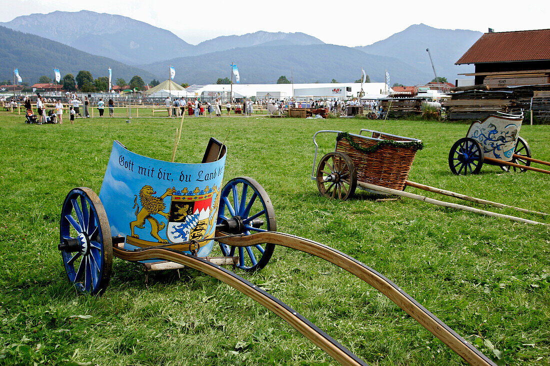 Roman chariots, imitation, Roemische Streitwagen, Nachbau, Erstes Bichler Ochsenrennen am 8.8.2004 in Bichl, Oberbayern, Deutschland First oxrace of Bichl, August 8th 2004, Upper Bavaria, Germany