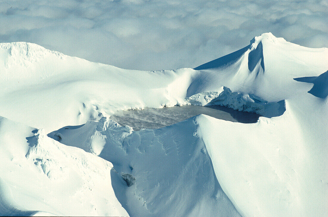 Aerial view of the snow covered volcanos Mount Ruapehu and Mount Ngauruhoe, Tongariro National Park, North Island, New Zealand, Oceania