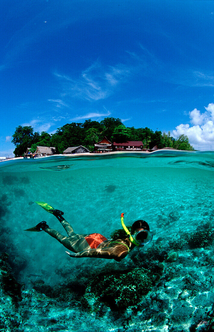 Schnorcheln vor tropischer Insel, Skindiving, Skin, Skin diver, split image