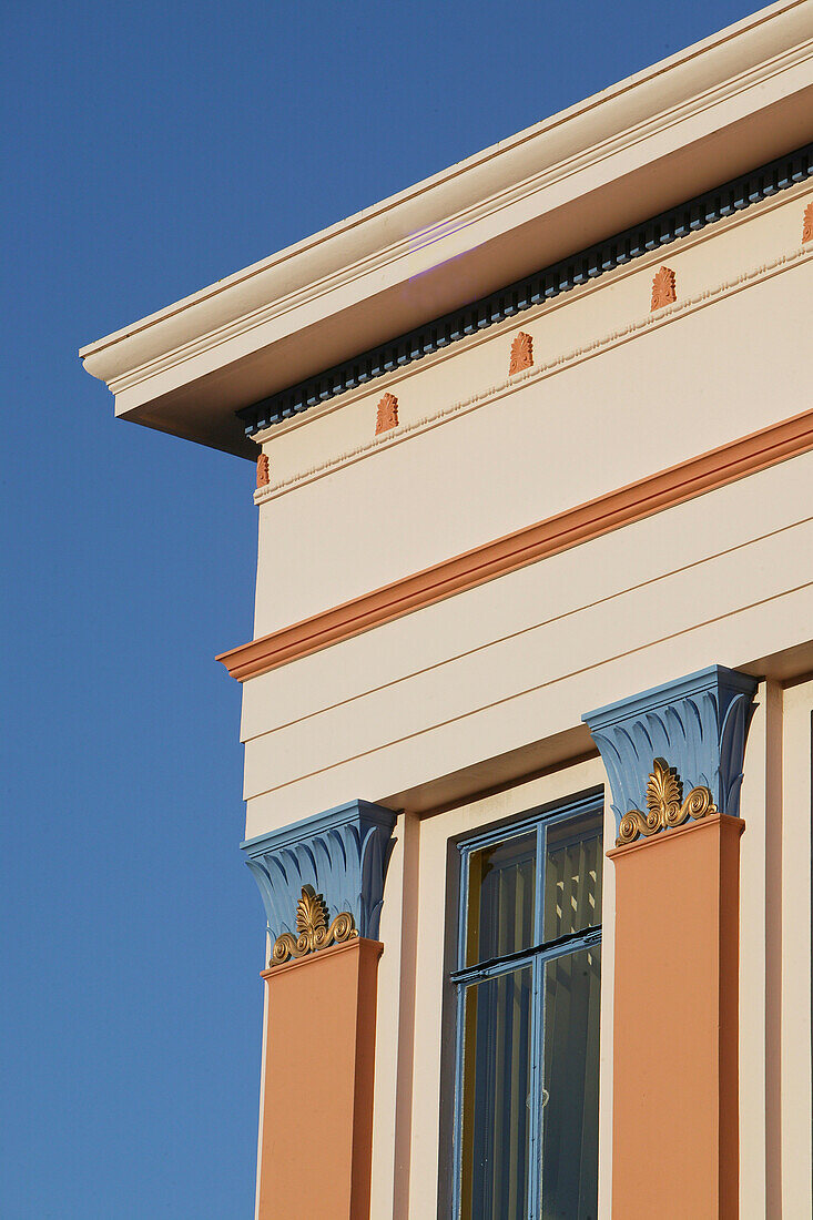 Detail of the Rothmans Building in the sunlight, Napier, Hawkes Bay, North Island, New Zealand, Oceania