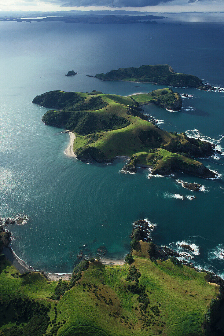 Aerial view of the coast with small islands, North Island, New zealand