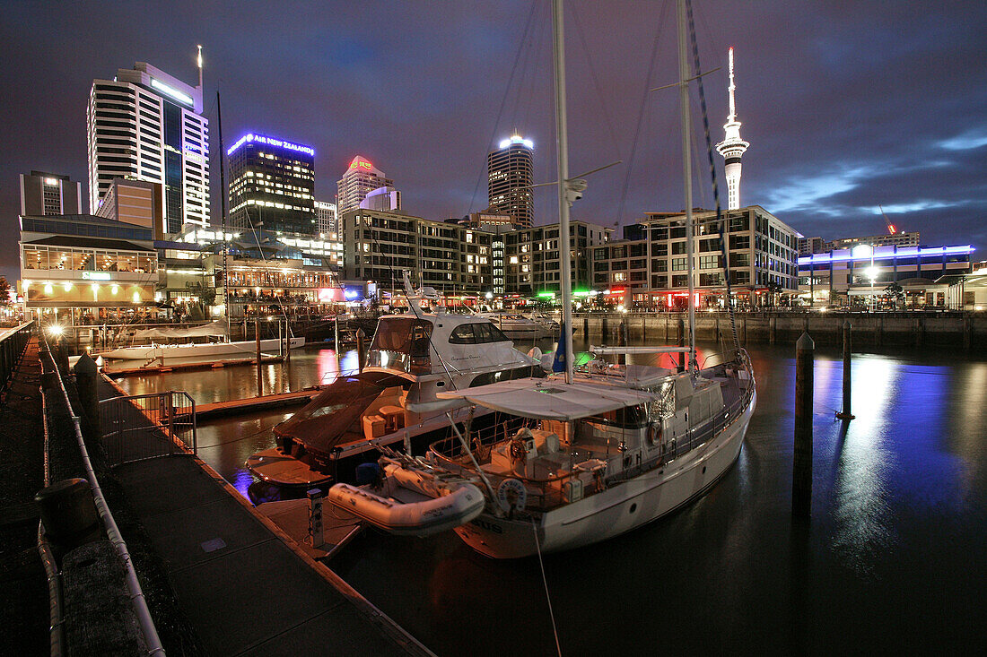Auckland  city lights, Viaduct Harbour, waterfront central Auckland, TV tower