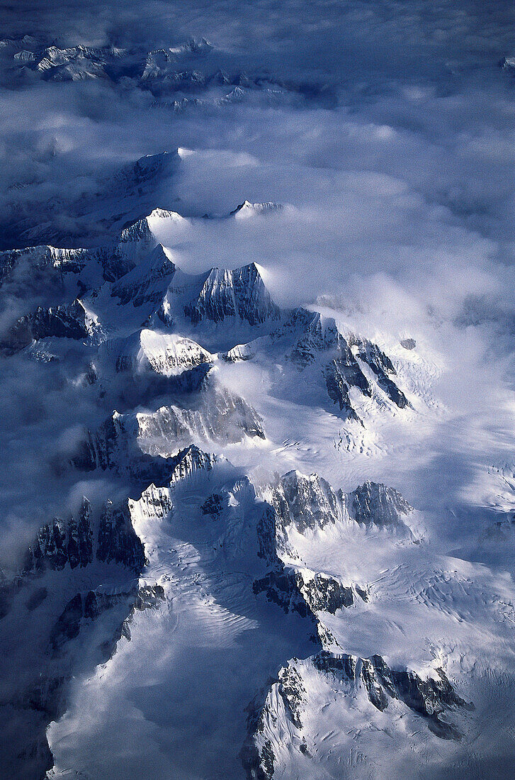 Aerial view of Snow capped Mountain Chain, Tibet, China