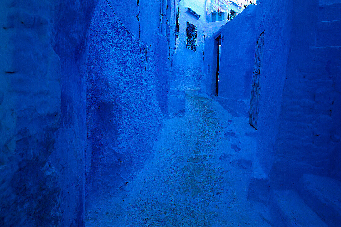 Blue facades in an alley at the old town, Chefchaouen, Morocco, Africa