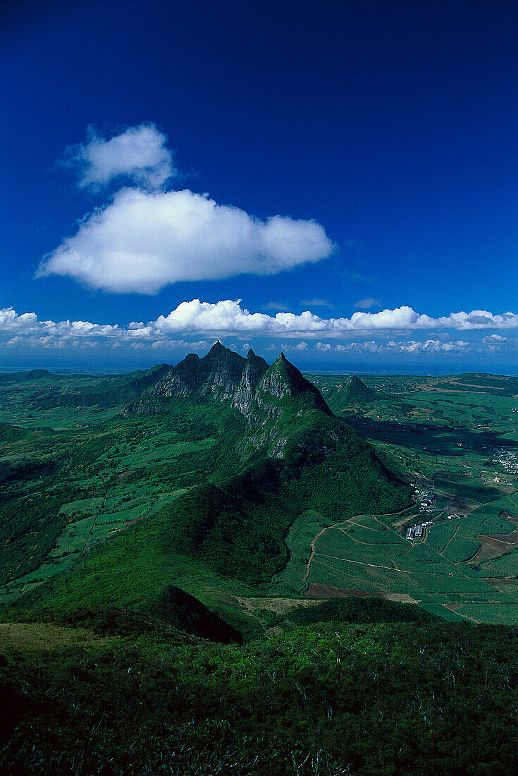 Aerial view of mountain range and Mount Pieter Both, Le Pouce, Mauritius, Africa