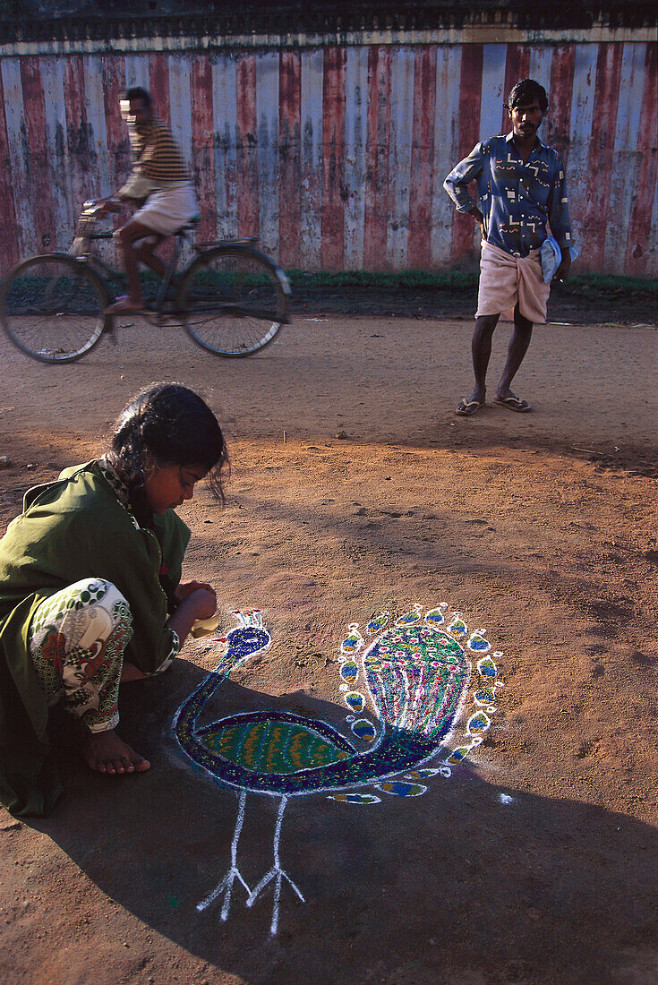 Girl drawing on the occasion of the Pongal celebration, Kumbakonam, Tamil Nadu, India, Asia
