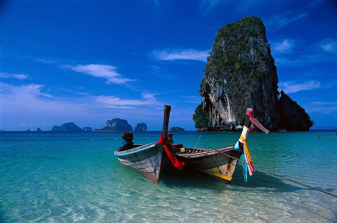 Boats at Phra Nang in the sunlight, Krabi beach, Thailand, Asia