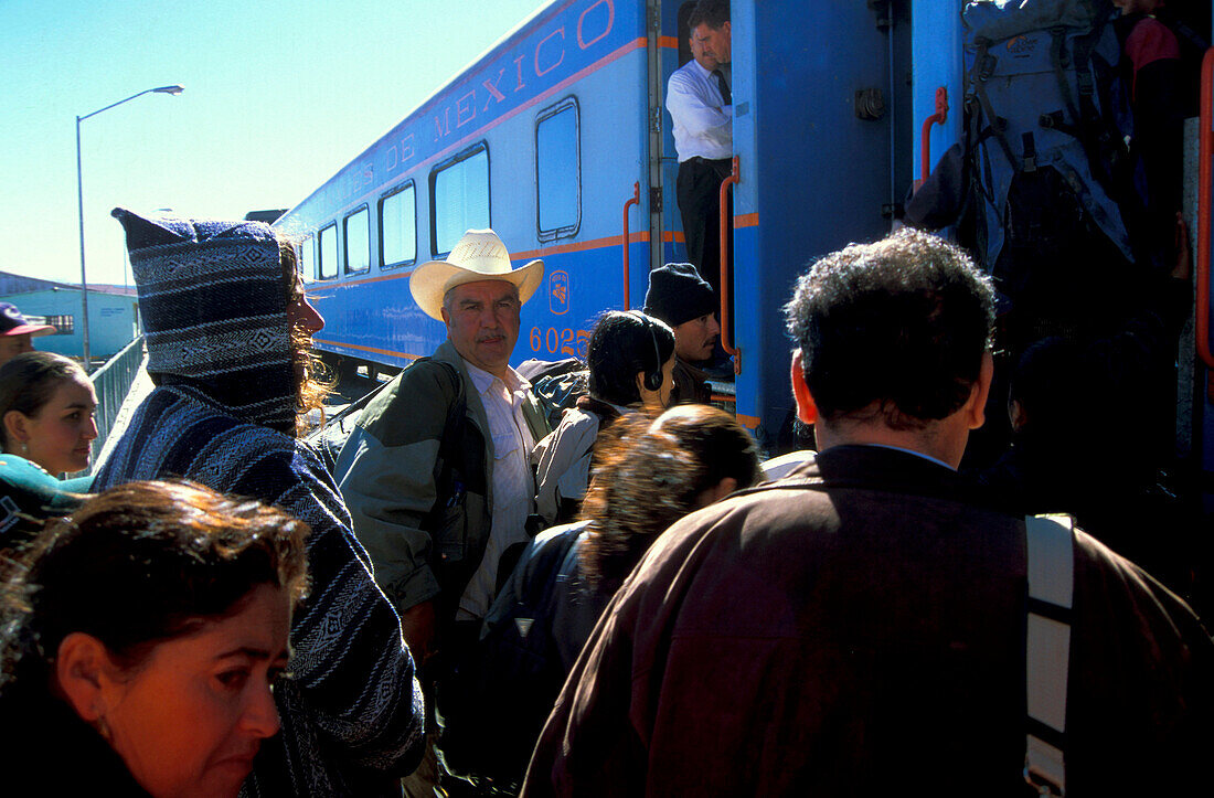 People getting on the train in Creel, Ferrocarril, Chihuahua, Pacifico, Central America, Mexico