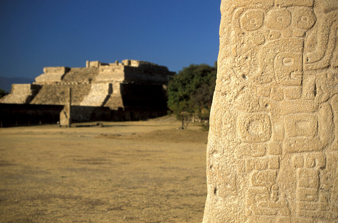 Stein mit Relief und Tempel an Ausgrabungsstätte, Monte Alban, Valles Centrales, Oaxaca, Mexiko, Amerika