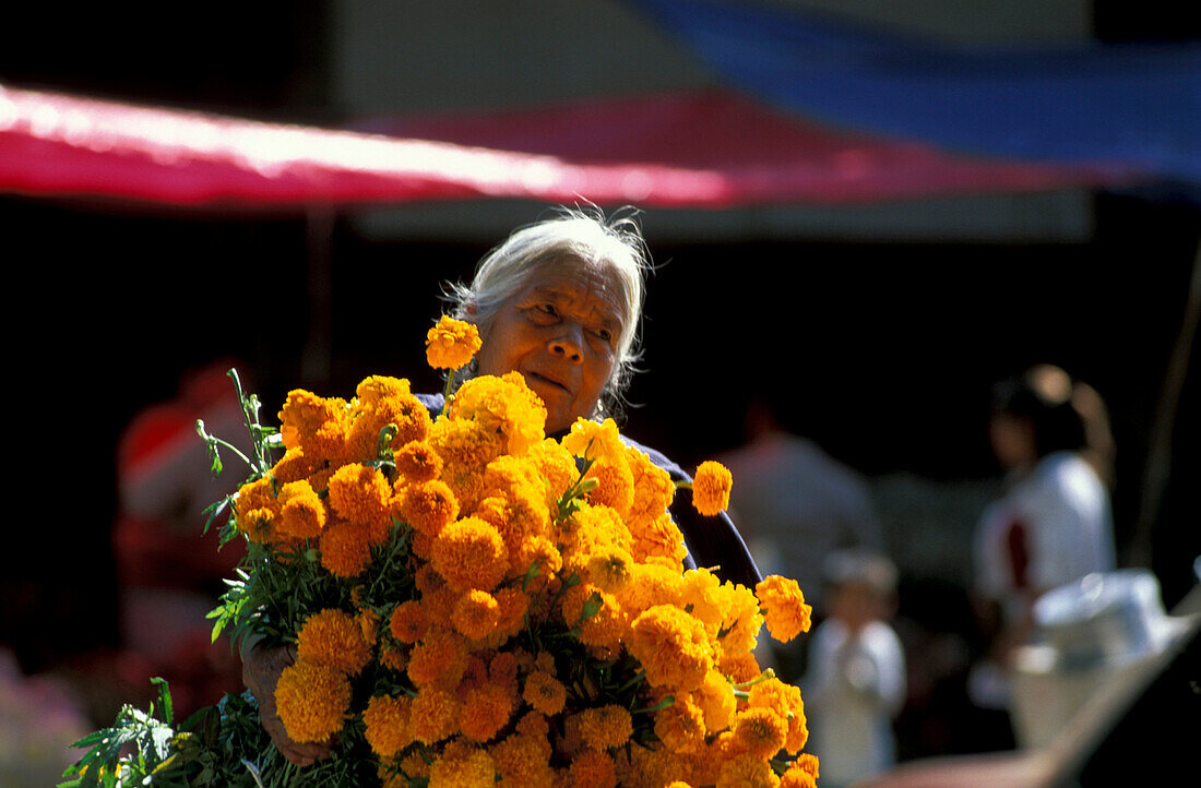 Flower market on the day of dead, Isla Pacanda Patzcuaro Michoacan, Mexico