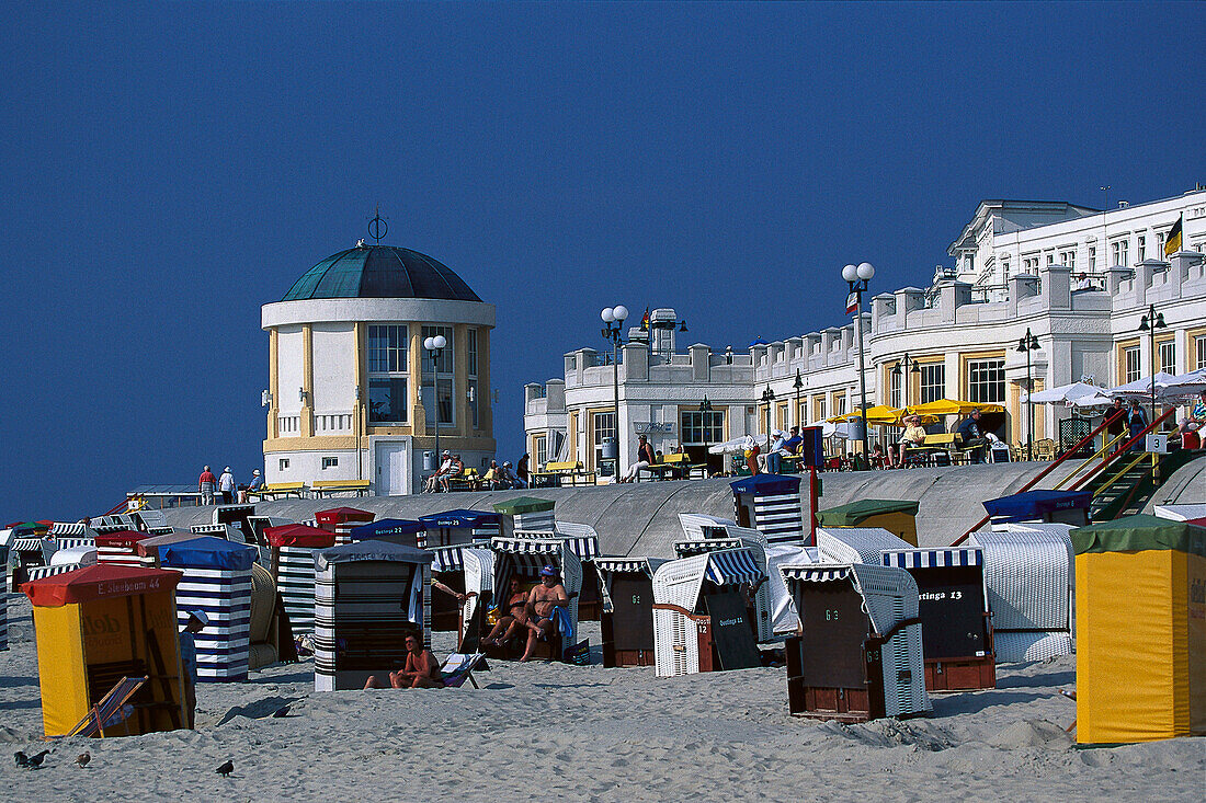 Beach chairs and promenade, Borkum, East Frisia, Lower Saxony, Germany