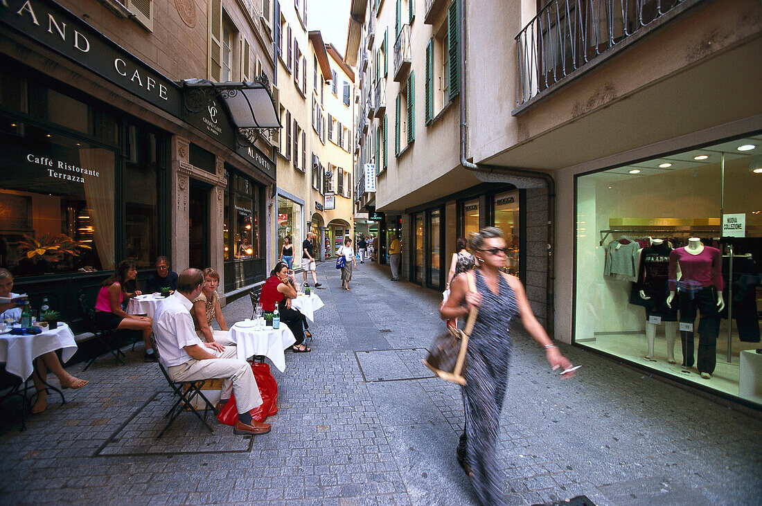 Pedestrians, Old Town, Grand Café, Lugano, Ticino, Switzerland