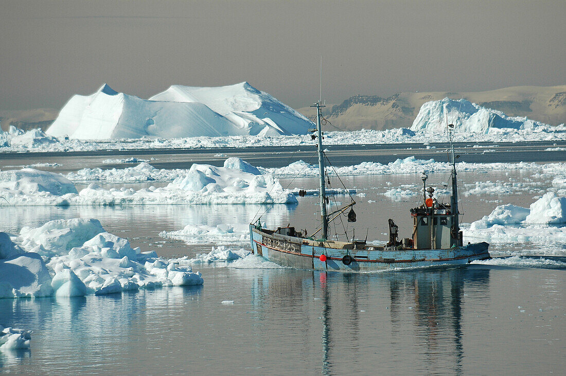 Ein Fischerboot fährt aufs Meer, Ilulissat, Grönland