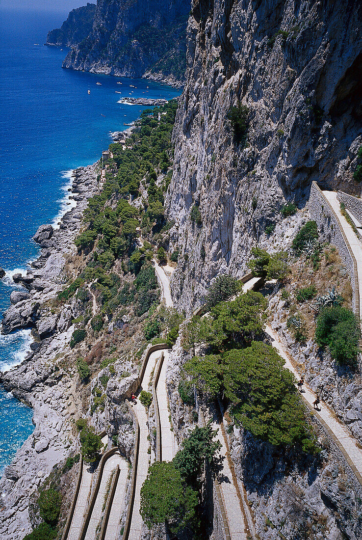 Via Krupp, view at serpentines at the rocky coast, Capri, Italy, Europe
