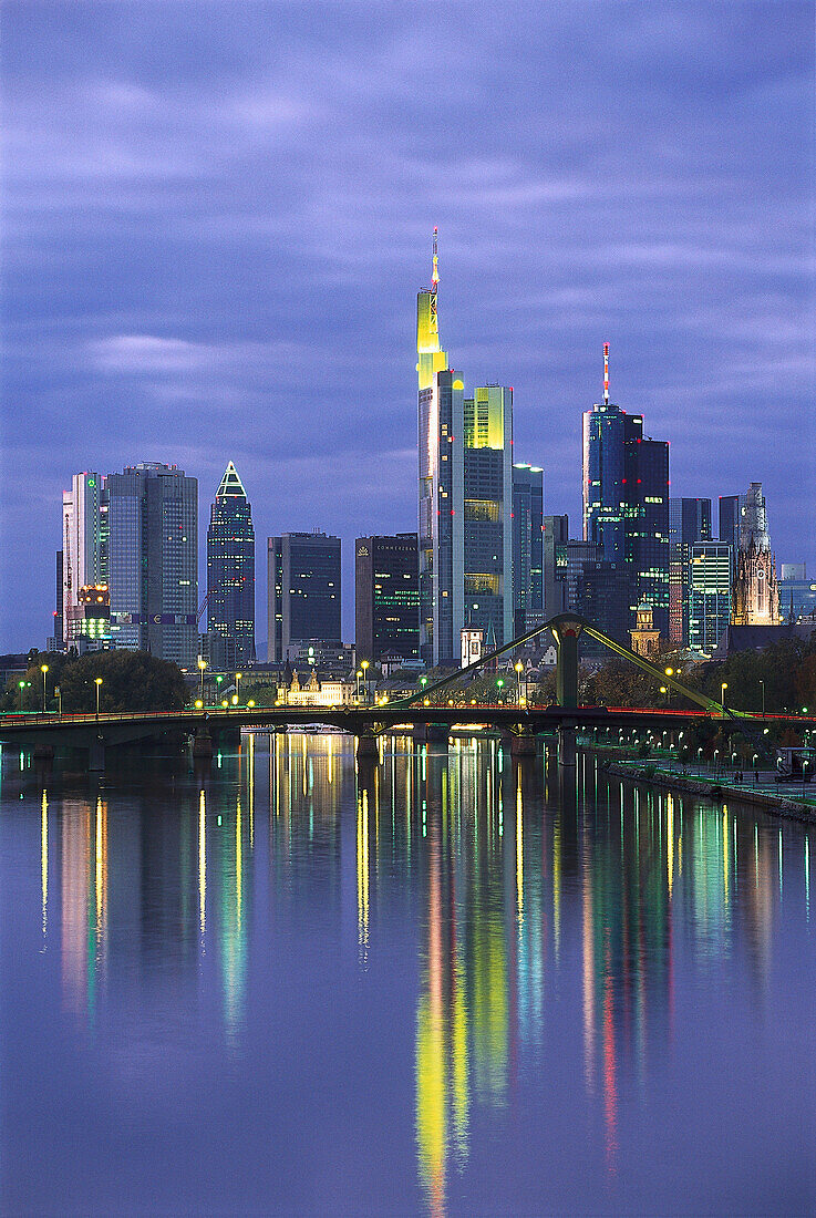 Skyline, Main and Floesserbruecke, Frankfurt, Hessen Germany