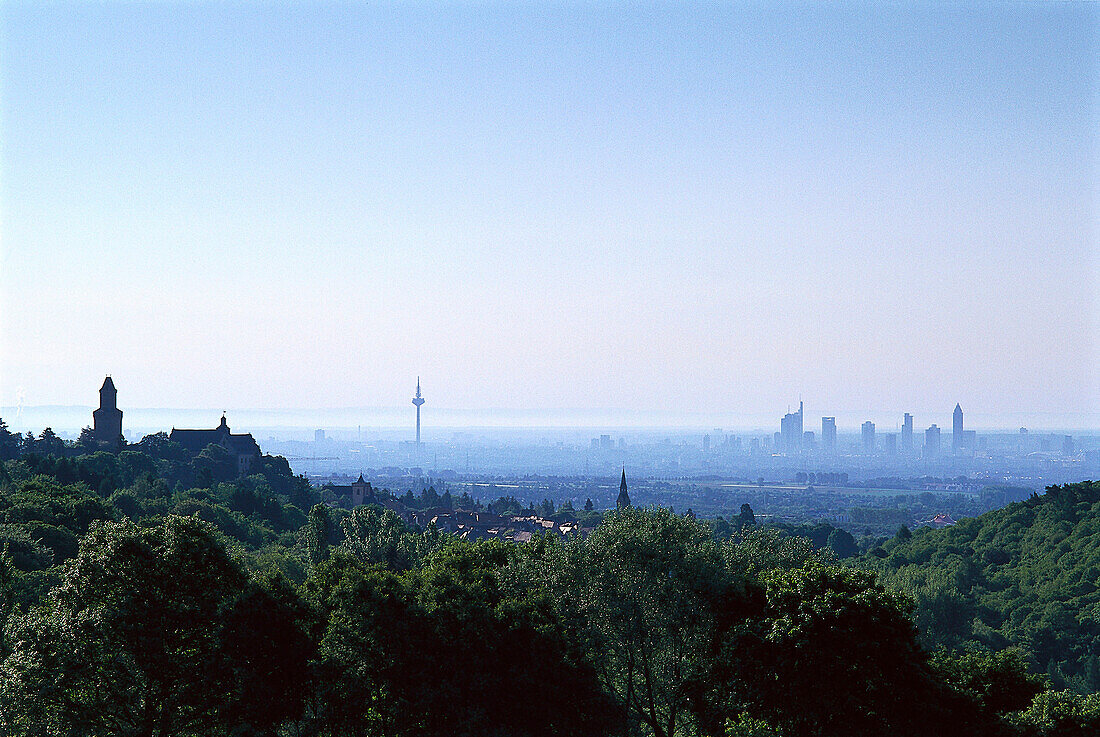 View over Kronberg and Frankfurt in the fog, Hesse, Germany, Europe