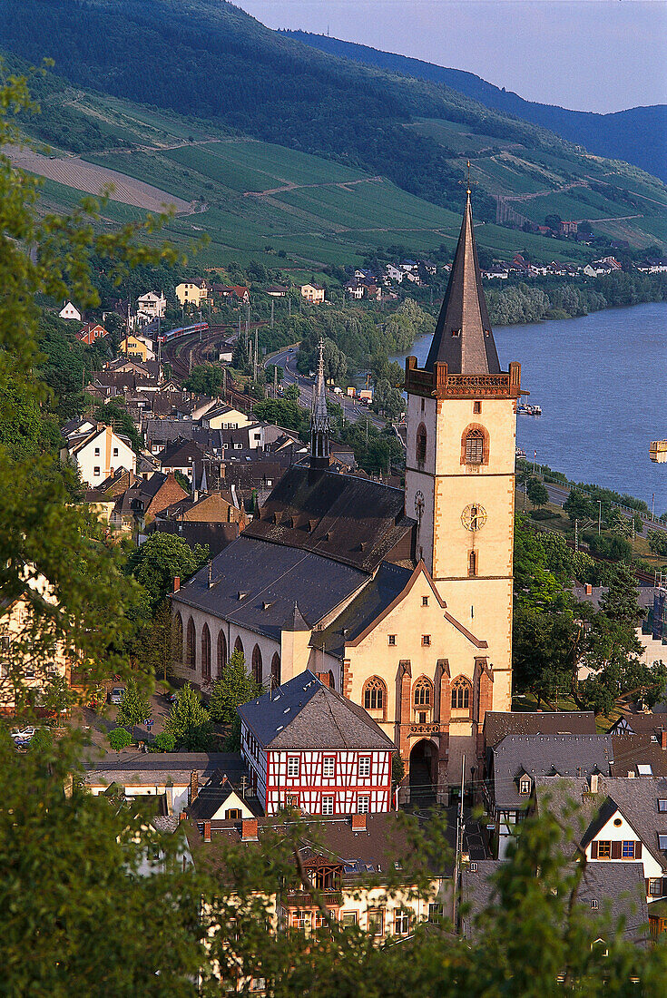 Blick auf Häuser und Kirche der Stadt Lorch am Rhein, Rheingau, Hessen, Deutschland, Europa