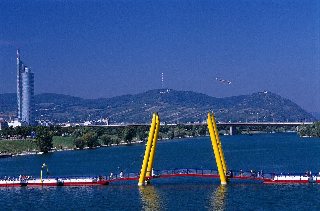 View at Danube, Danube Island, Millenniumtower and Leopoldsberg, Vienna, Austria, Europe