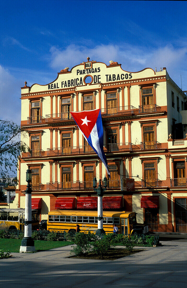 Flag in front of cigar factory Patargas, Havana, Cuba, Caribbean, America