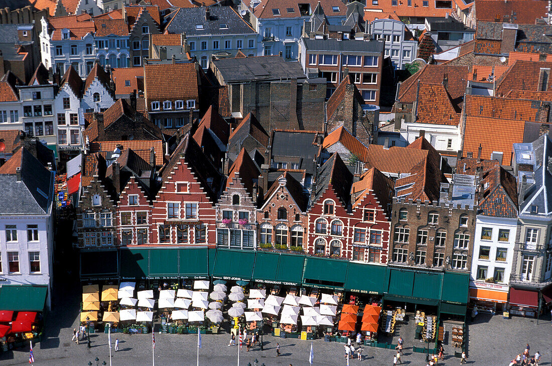 High angle view at street cafes at the market square, Bruges, Flanders, Belgium, Europe