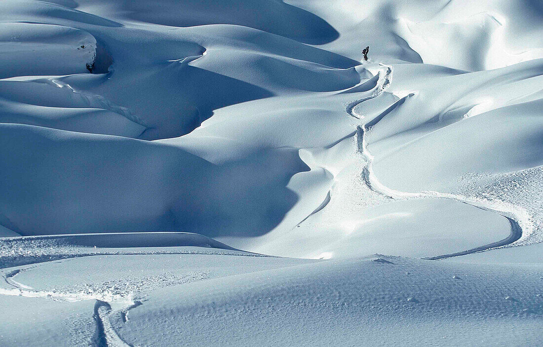 Snowboarder in deep snow, Valluga, Arlberg, Tyrol, Austria, Europe