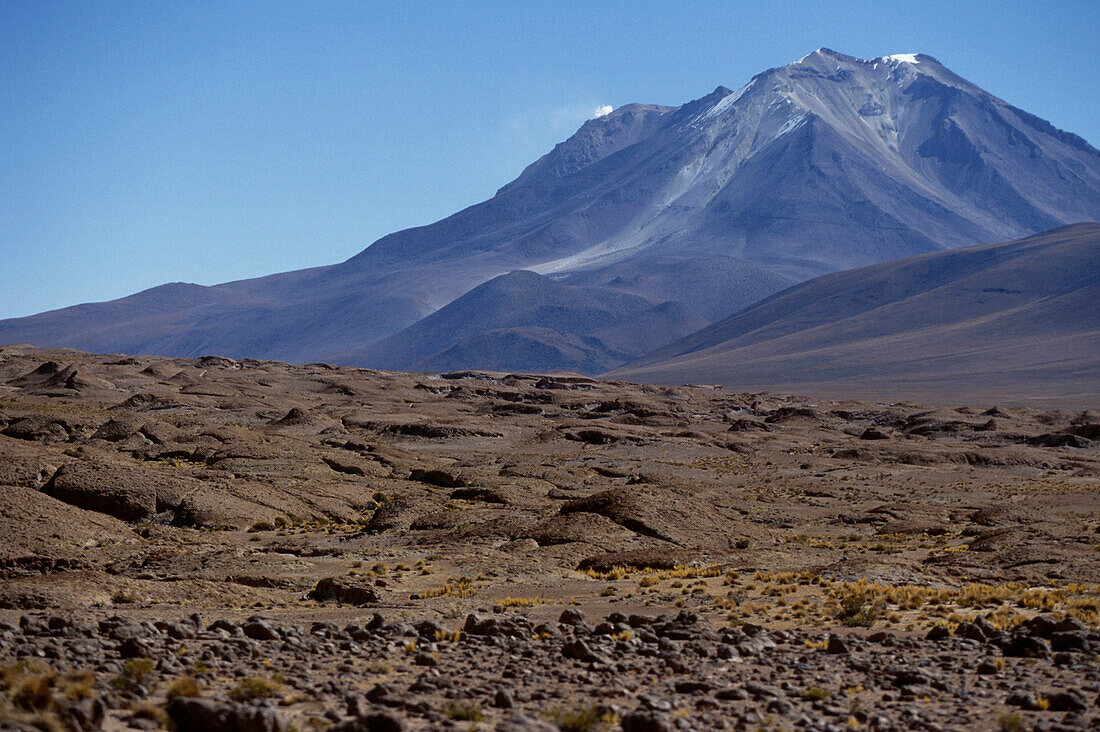 Vulcano Ollague at Laguna Colorada, a shallow salt lake in the southwest of the altiplano, Bolivia