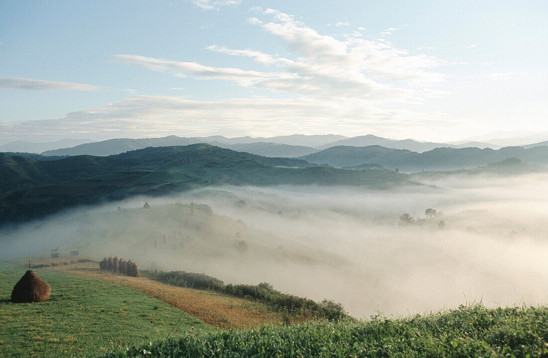 Mountainous scenery with haystacks and fog, Maramures, Carpathian Mountains, Romania