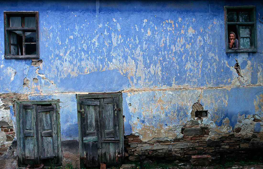 Blue house facade, Bistritja, Carpathian Mountains, Romania