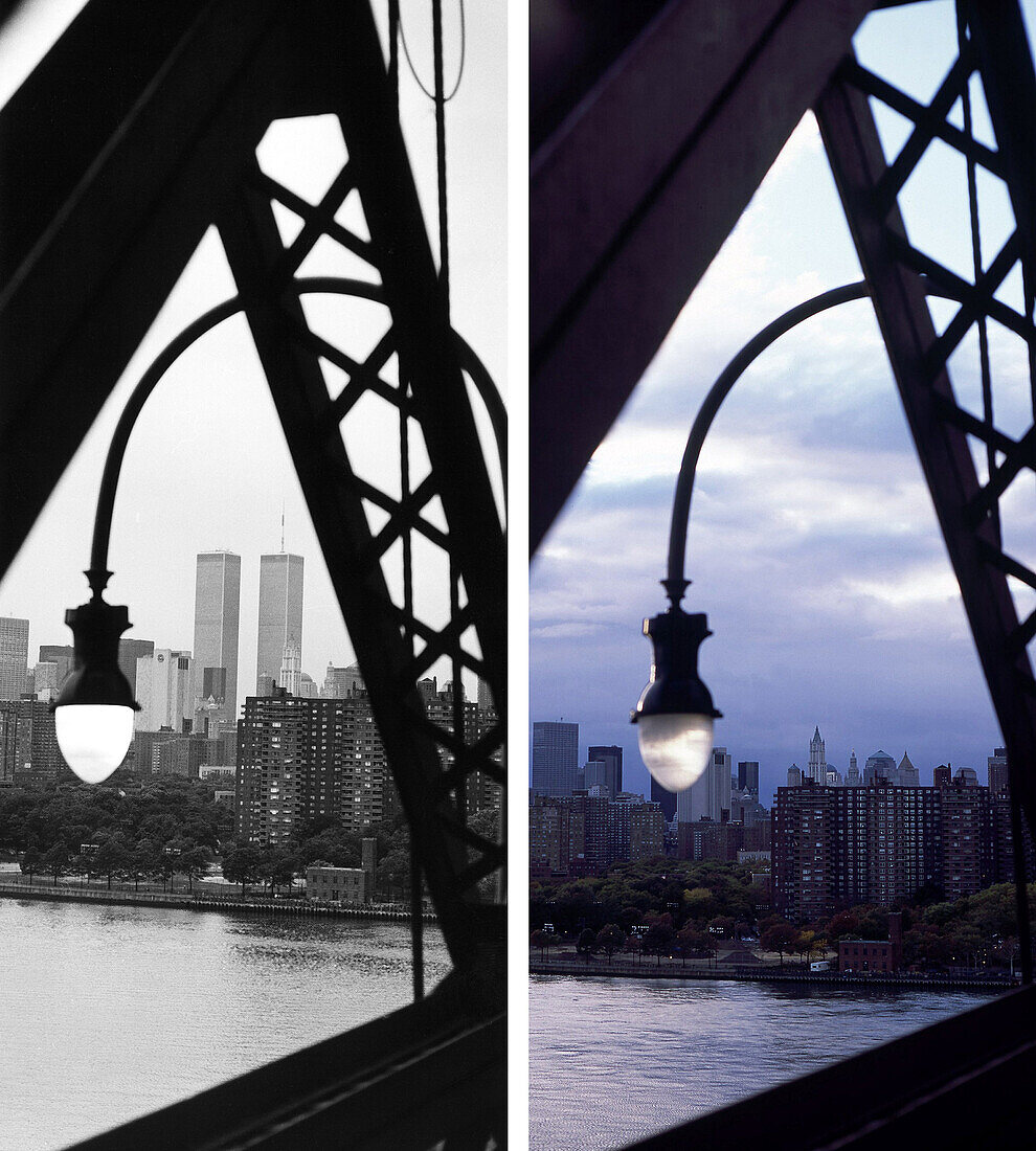 Skyline, Williamsburg Bridge, before and after, USA, New York City, before and after the destruction of the World Trade Center WTC, Images of a City Buch, S.46/47