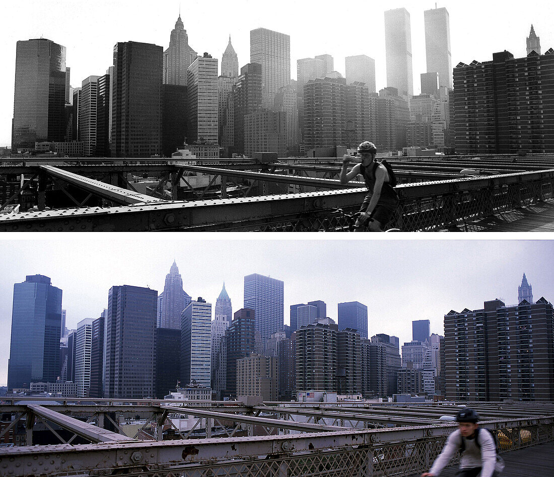Biker on Brooklyn Bridge, before and after, USA, New York City, before and after the destruction of the World Trade Center WTC, , Images of a City Buch, S. 58/59