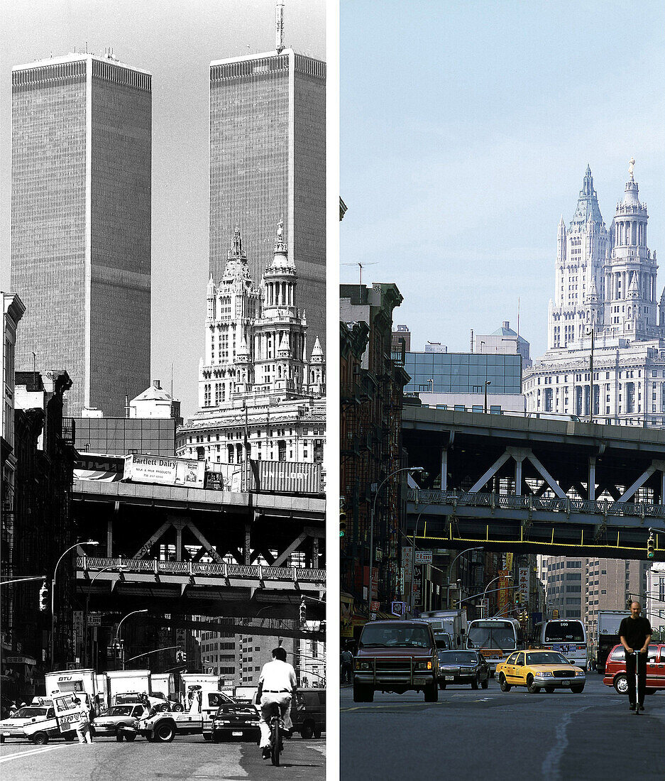 East Broadway, USA, New York City, before and after the destruction of the World Trade Center WTC, Images of a City Buch, S. 90/91