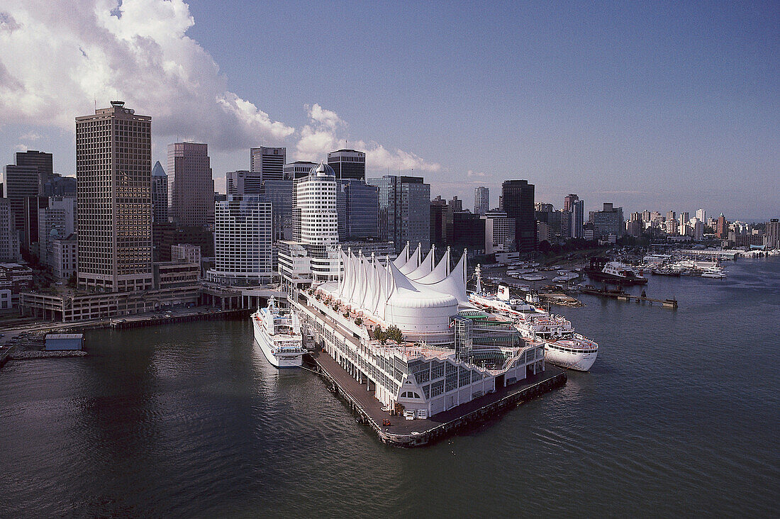 View over Canada Place, Burrard Inlet, architect Eberhard Zeidler, Vancouver, British Columbia, Canada, North America, America